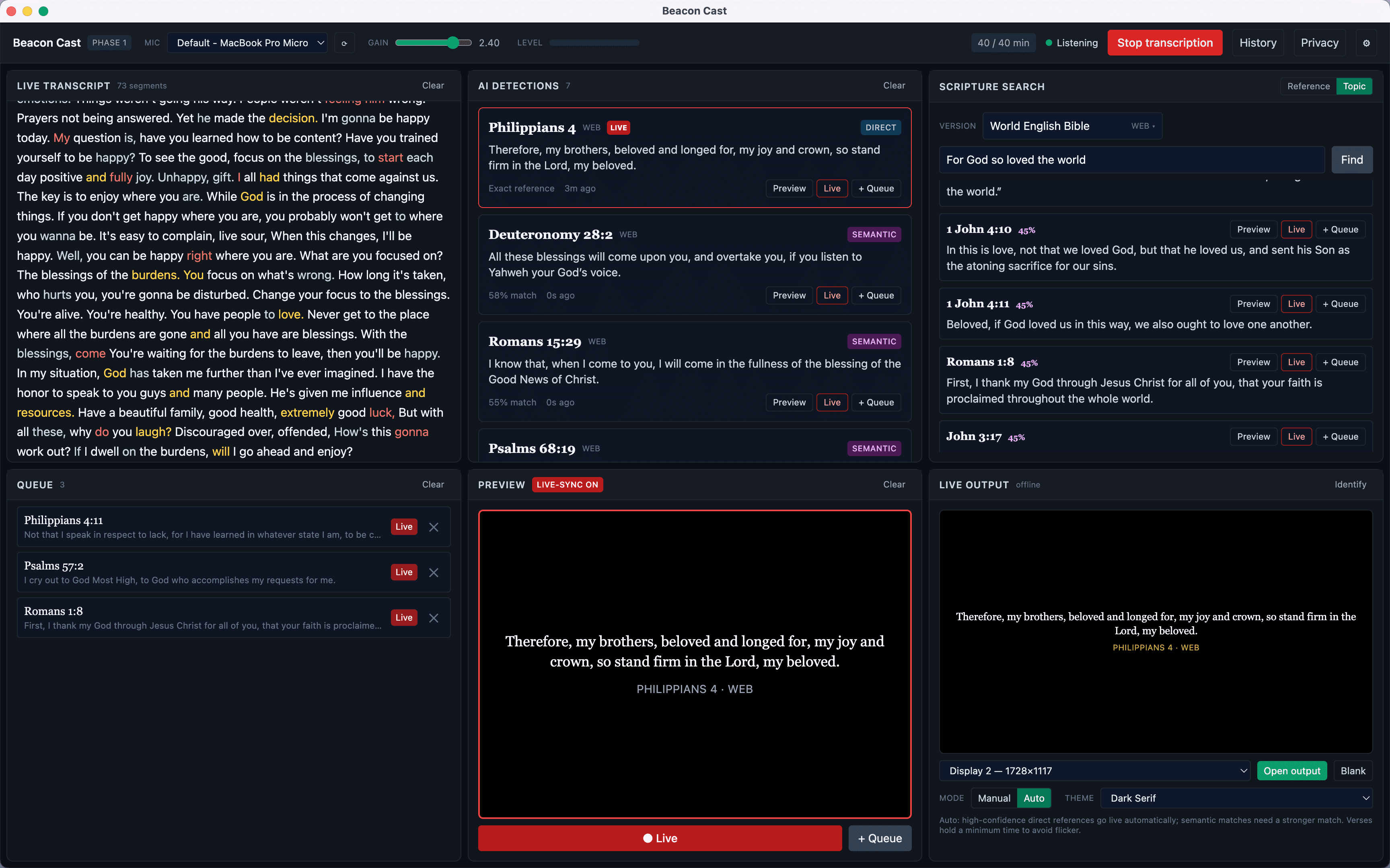 BeaconCast operator dashboard showing the live transcript and detected scripture